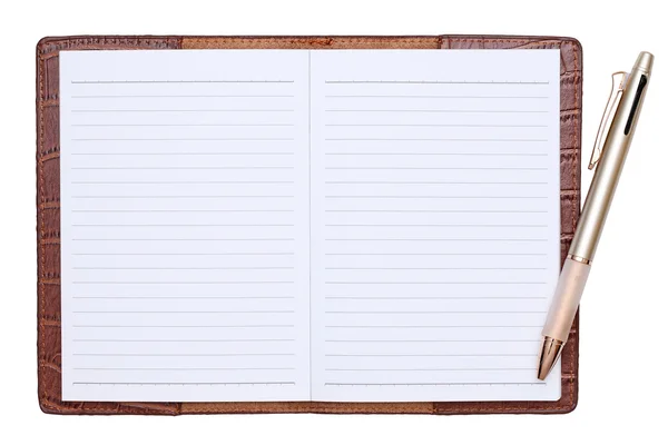 Leather notebook with ballpoint pen — Stock Photo, Image