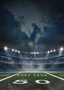 Amerikan futbol stadyumunda yeşil alan. Orta sahada oyuna hazır. Kopyalama alanı olan poster.