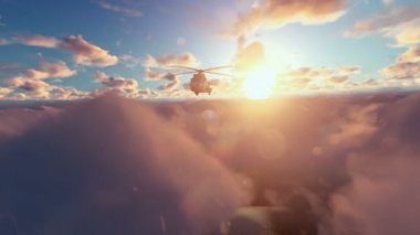 Gündoğumu, bulutların üzerinde askeri helikopter
