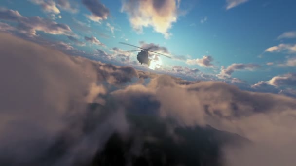 Στρατιωτικό ελικόπτερο surveilling πάνω από τα σύννεφα στο ηλιοβασίλεμα — Αρχείο Βίντεο