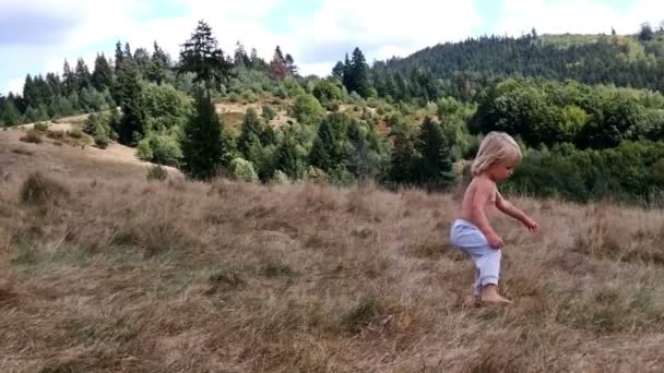 Niño corriendo en un campo de heno — Vídeo de stock
