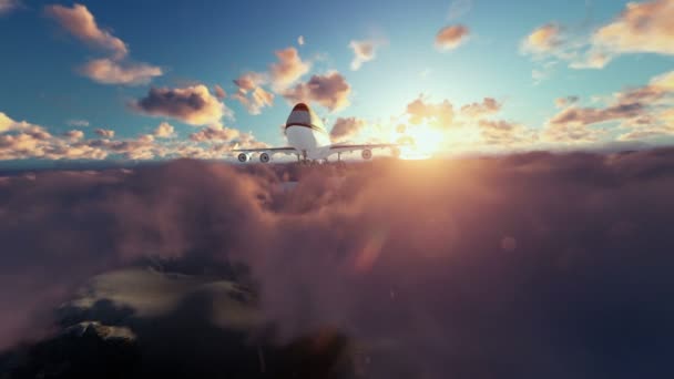 Avion Boeing voler au-dessus des nuages au lever du soleil