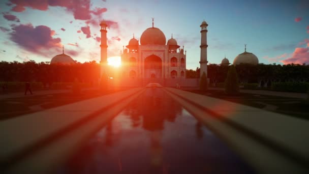 Taj Mahal schönen Sonnenuntergang, Kamera fliegen — Stockvideo
