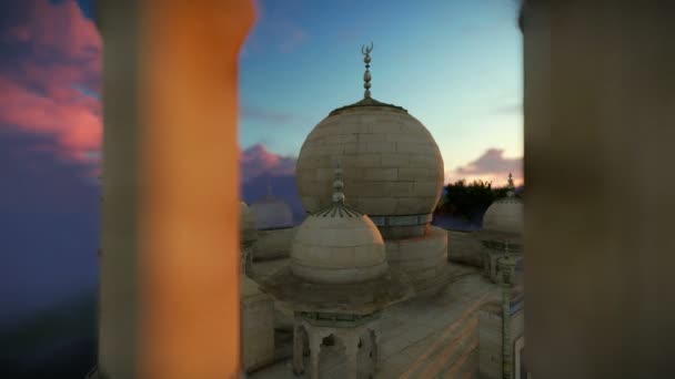 Taj Mahal, wunderschönen Sonnenaufgang, rechten Turm Viewport, Kamera fly — Stockvideo