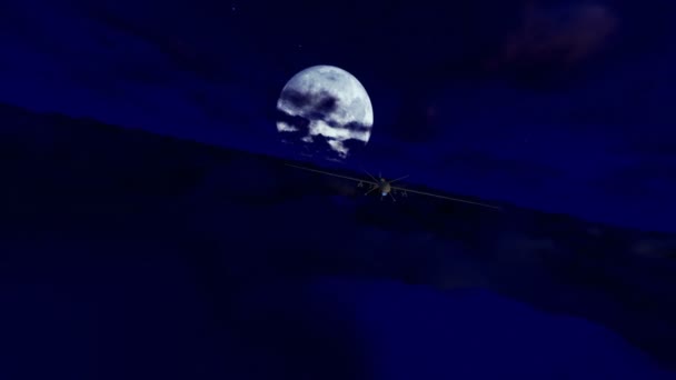 Drone militare crociera sopra nuvole, luna piena — Video Stock