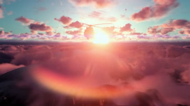 夕焼け雲の上の軍のヘリコプター — ストック動画