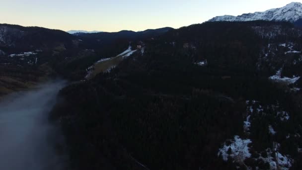 Zbor aerian peste pădurea de ceață cu munți pe fundal — Videoclip de stoc