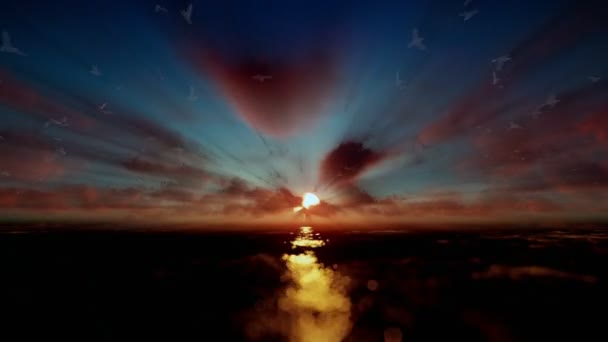Прекрасный рассвет через океан с летящей чайки — стоковое видео