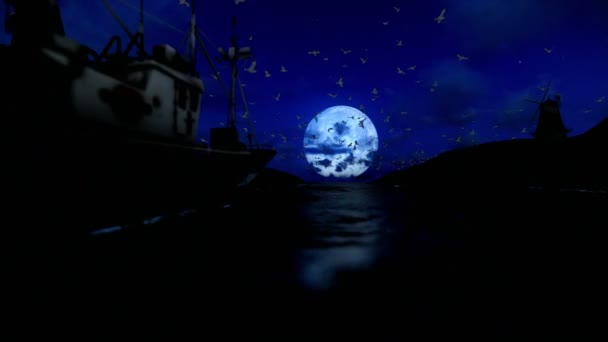 Beautiful full moon with fishing boat, windmill and seagull flying — Stock Video