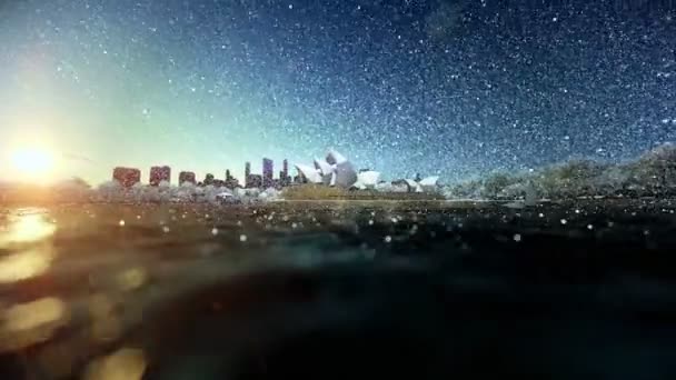 Beautiful sunrise over Sydney Opera House, snowing, dolly shot — Stok Video