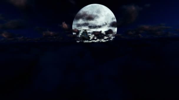 Hélico militaire croisière au-dessus des nuages, pleine lune — Video