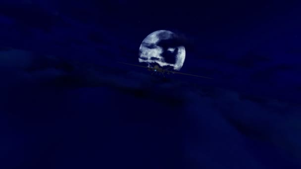 Drone militaire croisière au-dessus des nuages, pleine lune derrière