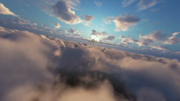 Militaire Drone lanceren raketten, boven ochtend timelapse wolken, inzoomen — Stockvideo