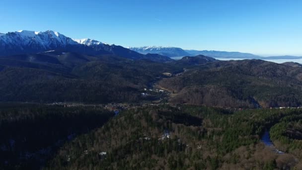 空中飞行在森林与山脉背景 — 图库视频影像