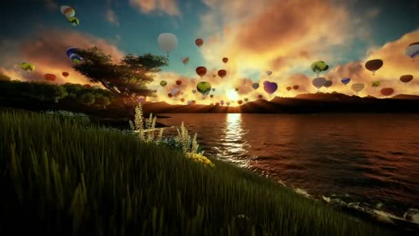 Luft-Ballons fliegen über den schönen See und grünen Wiese, umgeben von Bergen, Sonnenaufgang — Stockvideo