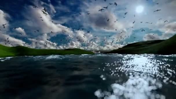 Colinas verdes y un lago con gaviotas volando, las nubes por la tarde hermosa — Vídeos de Stock