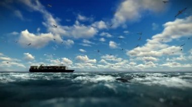 Yelken, kargo gemisi zaman atlamalı bulutlar ve martılar, ses dahil