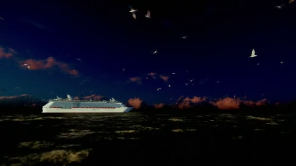 Cruise ship sailing, seagulls at sunrise, camera fly, with sound — Stock Video