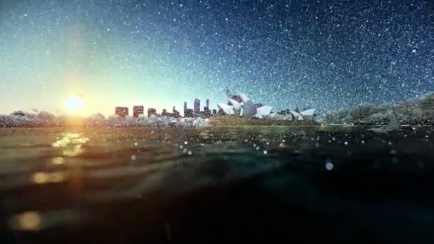 Belo nascer do sol sobre a baía, nevando, inclinação — Vídeo de Stock