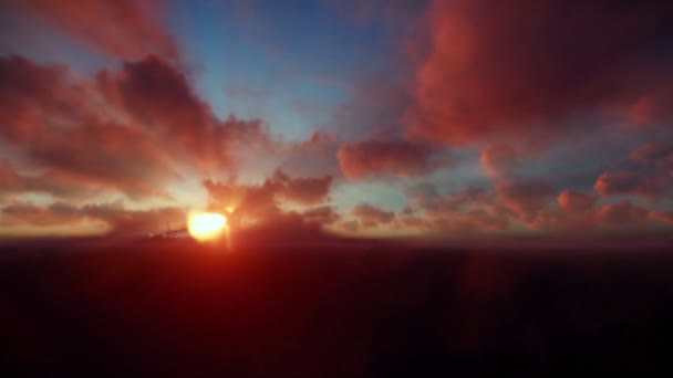 Boeing cruising över molnen och havet med vacker soluppgång, godrays — Stockvideo