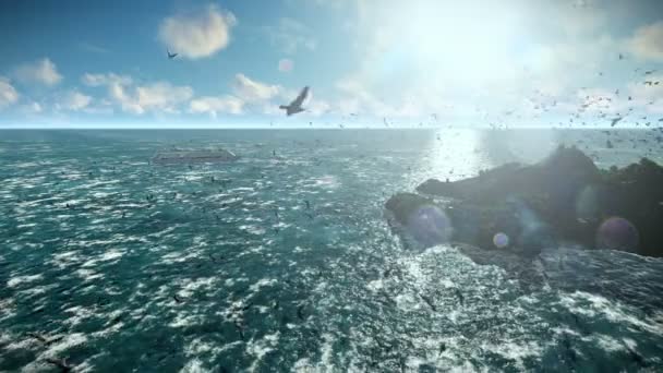 Cruzeiro navio à vela, câmera sobrevoar a ilha isolada, gaivotas voando, som incluído — Vídeo de Stock