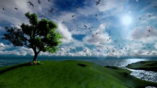 Osamělý strom na zelené kopce a moře s racky letící, krásné odpoledne mraky
