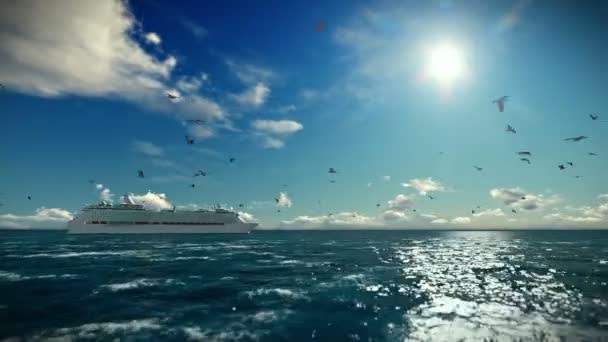 Cruise ship sailing, seagulls flying, beautiful morning, with sound — Stock Video