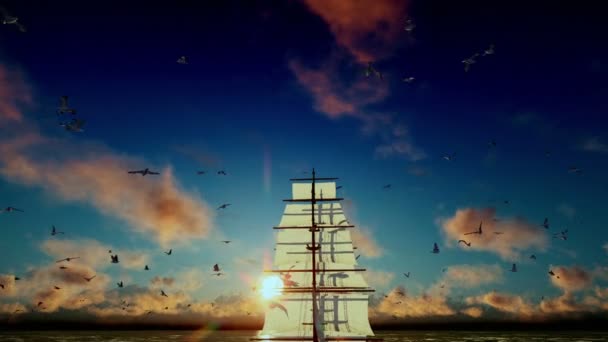 Oude piraten schip zeilen weg, mooie zonsondergang met meeuwen vliegen, tilt, geluid opgenomen — Stockvideo