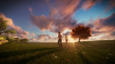 Yeşil çayır, hayat ağacı güzel gündoğumu karşı çalışan çift