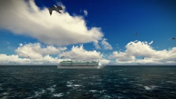 Rejs statkiem wycieczkowym, piękny poranek, seagulls latania aparat toru, z dźwiękiem — Wideo stockowe