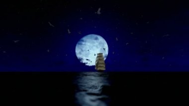 Yelken, dolunay martılar, uçan ses dahil güzel eski korsan gemisi