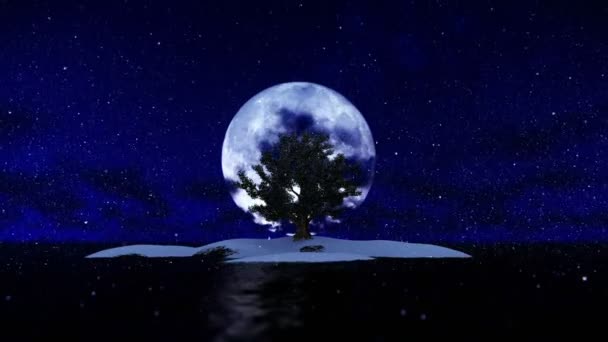 L’île solitaire et arbre entouré par l’océan contre la pleine lune, qu’il neige — Video