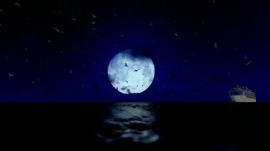 Dolunay ve martılar, ses dahil ile yelken gemisi