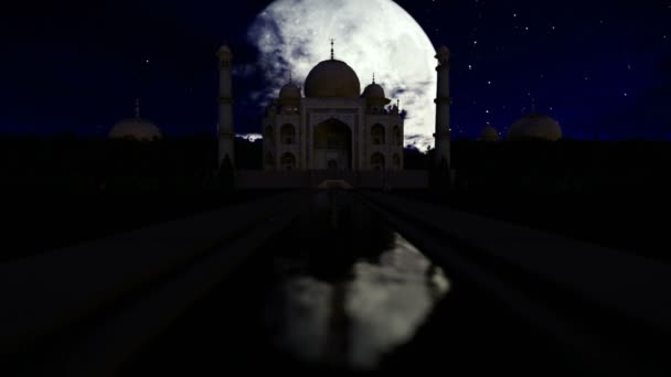 Тадж Махал ночью против полной луны, отслеживать камеры — стоковое видео