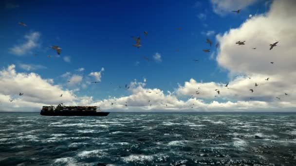 Buque de carga navega, nubes de lapso de tiempo y las gaviotas, inclinación, sonida incluido — Vídeos de Stock