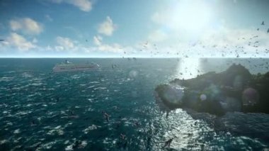 Cruise gemi yelken, uçan martılar, ses ile kamera sinek