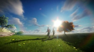 Yeşil çayır, hayat ağacı güzel timelapse bulutlar karşı çalışan çift