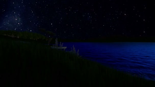 Göl ve dağ silsilesi, zaman atlamalı yıldızlı gökyüzü üzerinde tekne — Stok video