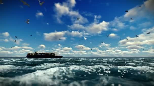 Kargo gemi yelken, zaman atlamalı bulutlar ve martılar, ses ile — Stok video