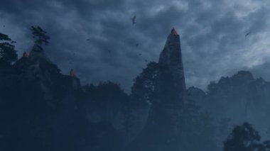 Shaolin rahipleri dağlarla çevrili bir uçurumda, fırtınalı gökyüzüne karşı dua ediyorlar.