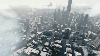 4K.mov 'da gökdelenlerden geçen helikopterle sel basmış şehir üzerinde uçuş.