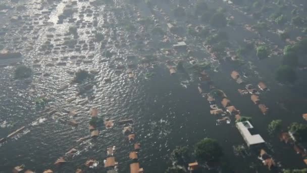 ニューオーリンズ市上空での飛行洪水 救助のために屋根の上に座っている人々 Mov — ストック動画