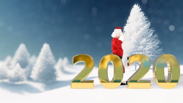 Santa Claus Bailando Detrás 2020 Texto Contra Vacaciones Invierno Fondo — Vídeo de stock