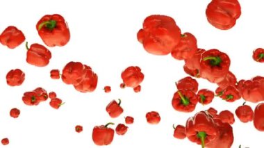 Kırmızı Çan Biberi, beyaza karşı ağır çekimde uçuyor.