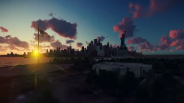 Özgürlük Heykeli ve gemiler yelken açıyor, Manhattan, New York City, güzel gün batımı, 4K