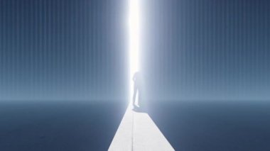 Kendine güveni olan bir adam cep telefonuyla konuşuyor ve parlak bir geleceğe bakıyor, 4K