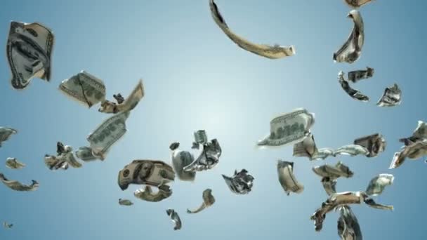 Wij Dollars 100 Valuta Vliegen Slow Motion Tegen Blauwe Gradiënt — Stockvideo