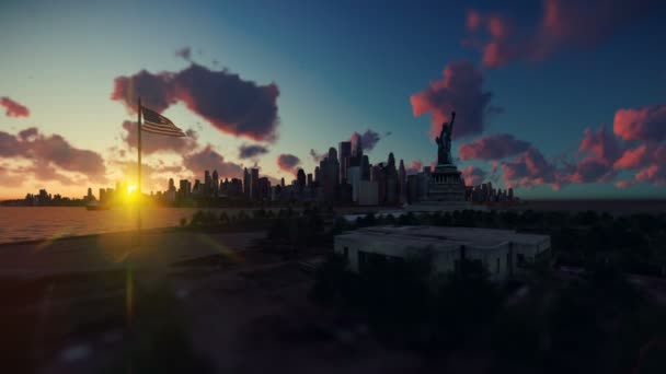 Статуя Свободы Кораблики Манхэттен Нью Йорк Красивый Закат — стоковое видео