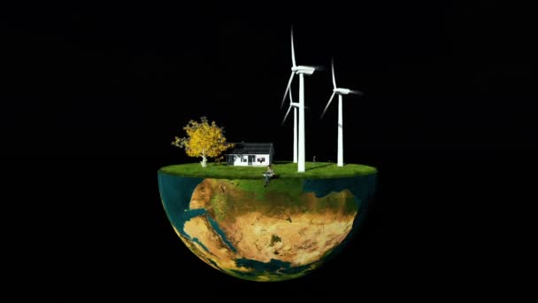 Globe Terrestre Contenant Des Éoliennes Une Famille Heureuse Luma Matte — Video