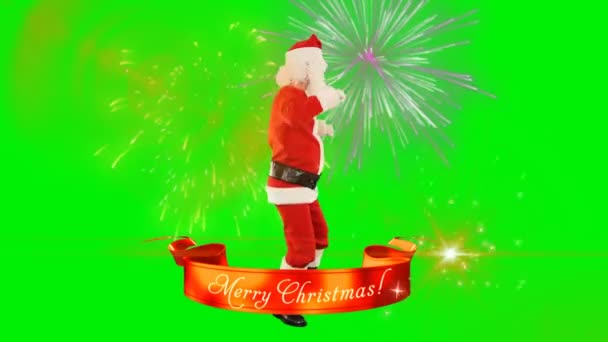 Santa Claus Menari Dengan Merry Christmas Pita Kembang Api Green — Stok Video